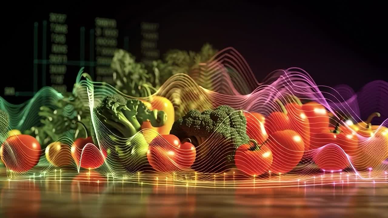 Verdure vivaci disposte creativamente con onde sonore colorate