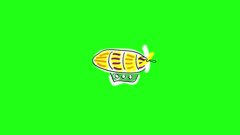 커다란 공중선이 날아다니며, 초록색 승객 객실을 가진 노란색 공중선. 스타일: 어린이의 자유 손 그림. 2d 평평한 밝은 애니메이션. 루프 된 비디오. 측면 뷰. | 4k | 녹색 화면 | 알파 채널