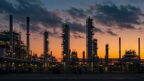 the industrial complex stands tall at dusk, showcasing its towering structures against a backdrop of a dramatic, colorful sky that captivates the eye