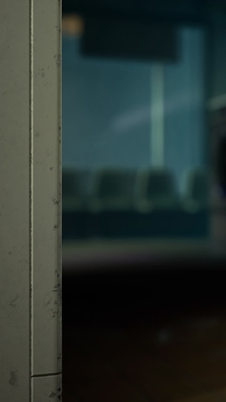 Waiting area near a glass door with empty chairs in the background