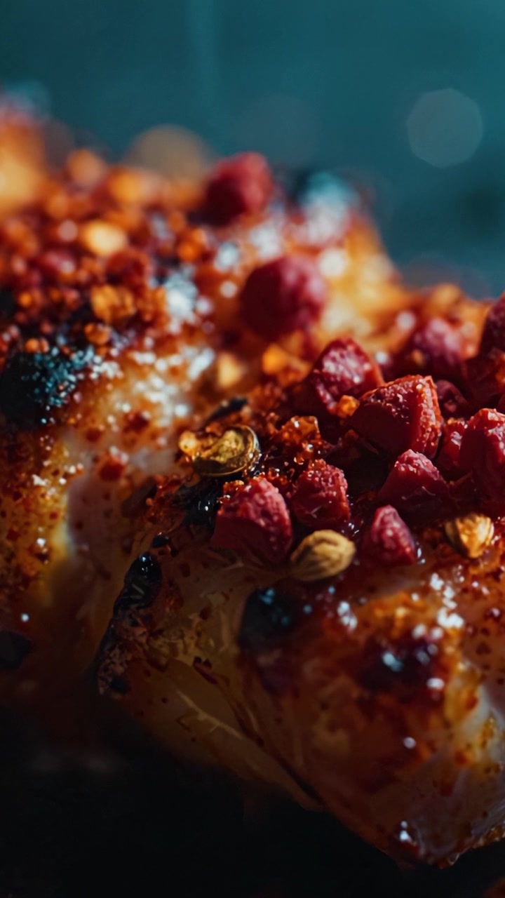 Squisito filetto di pesce grigliato guarnito con spezie e vivaci bacche rosse, che mostra una consistenza perfettamente carbonizzata e una presentazione colorata.