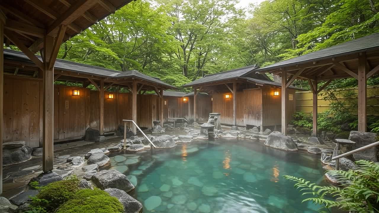 Tranquil Hot Spring Retreat Surrounded by Lush Greenery, Featuring Cozy Private Wooden Cabins and Idyllic Natural Scenery for Relaxation and Rejuvenation