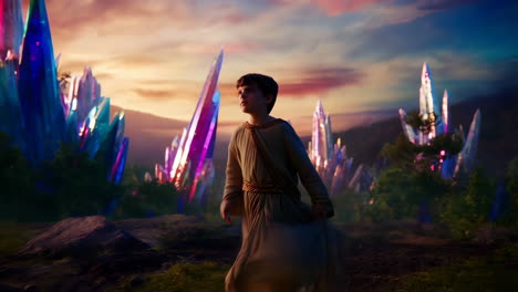 a young boy stands in a vibrant, otherworldly landscape filled with towering, colorful crystal formations