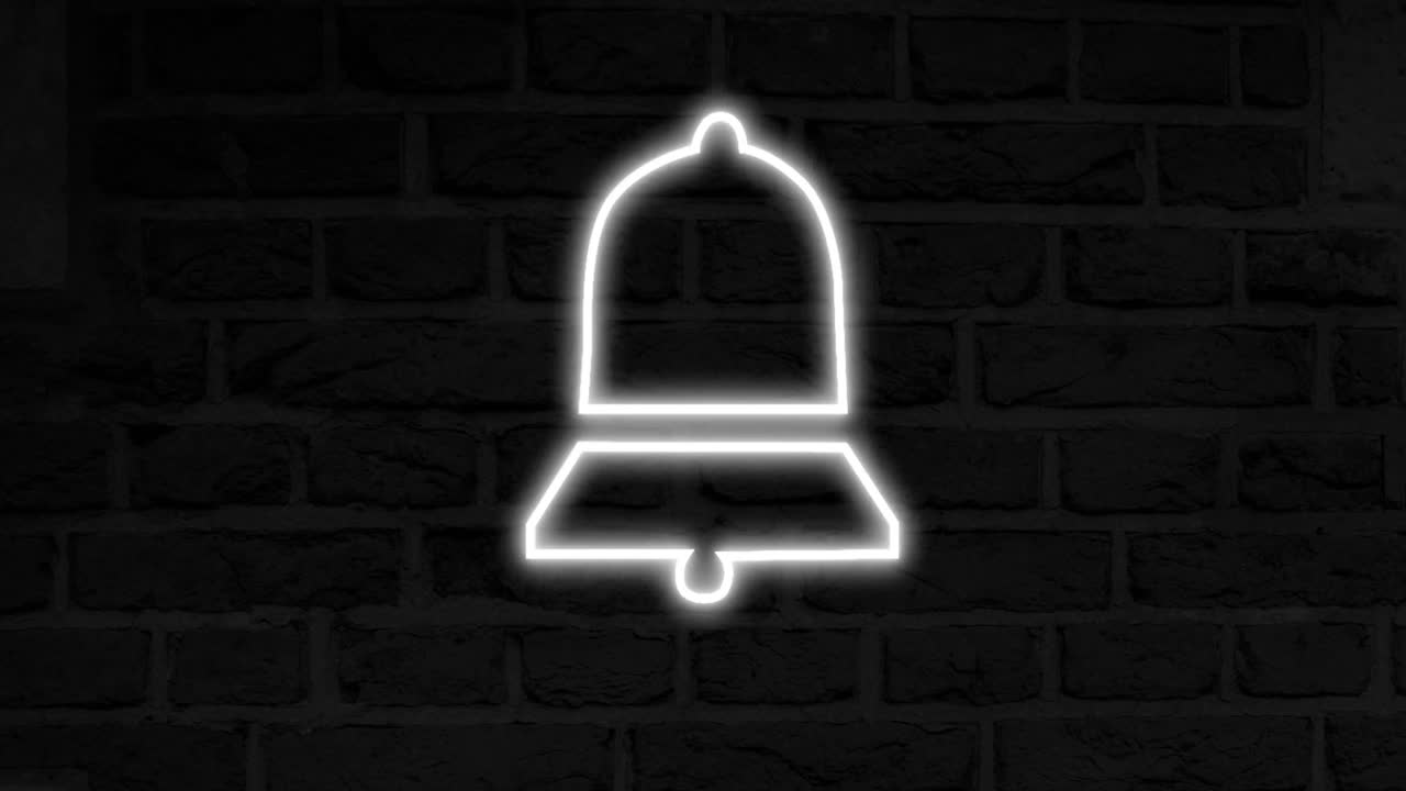 벽돌 벽에 빛나는 네온 종 알림 아이콘의 애니메이션