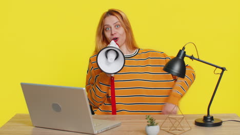 woman talking with megaphone proclaiming news loudly announcing advertisement discounts sale