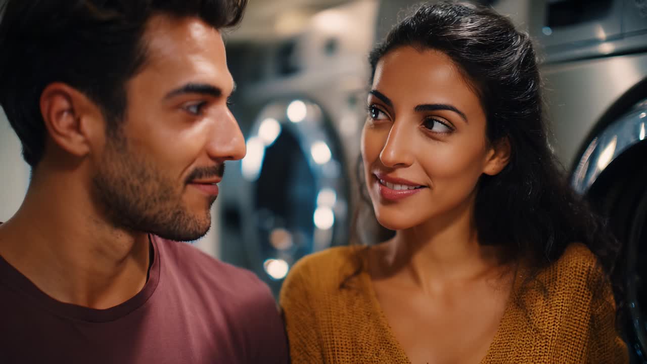 A Couple Enjoying Each Other's Company While Waiting at a Laundry Facility, Sharing Smiles and Conversations That Reflect Their Connection and the Comfort of Togetherness in a Modern Setting