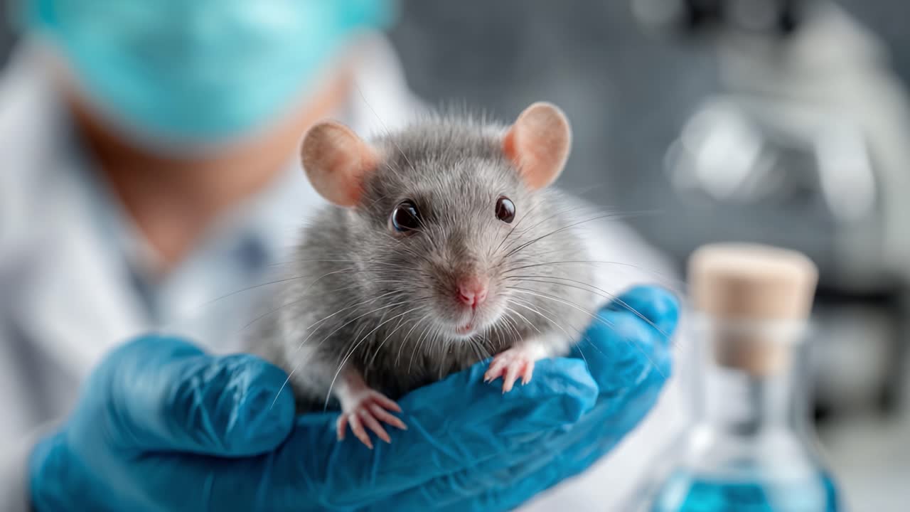 A Close-Up View of a Gray Laboratory Rat Held in a Scientist's Gloved Hand, Highlighting the Intricacies of Animal Research in a Controlled Environment