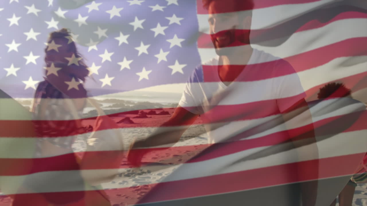 Walking on beach, surfers with animation of American flag in background