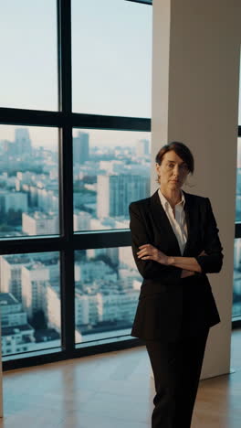 business woman in office with city view