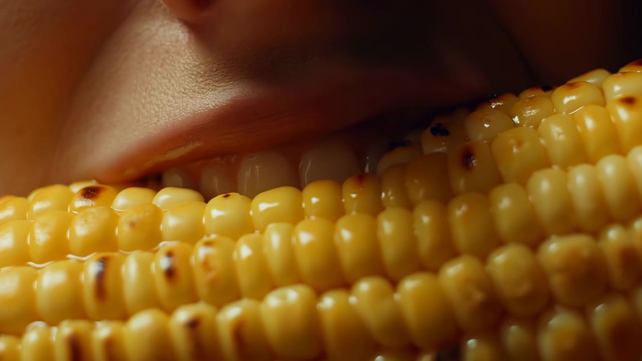 Tight horizontal close-up showing lower half of face as lips and upper front teeth bite grilled corn on cob, with glossy kernels, char marks, warm light, and clear chewing motion, with corn, grilled
