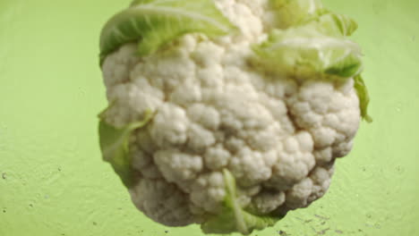 Slow-motion-of-cauliflower-falling-into-water-surface-on-green-background