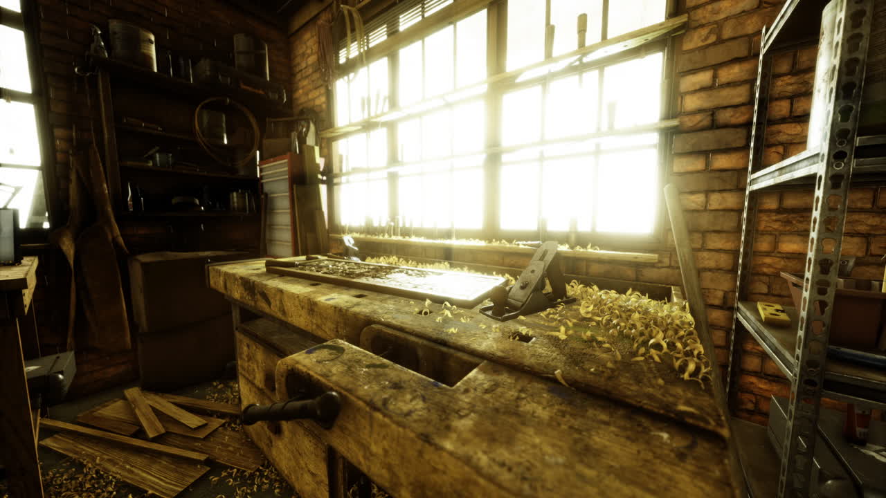 Workshop interior with sunlight illuminating workbench and tools in detail