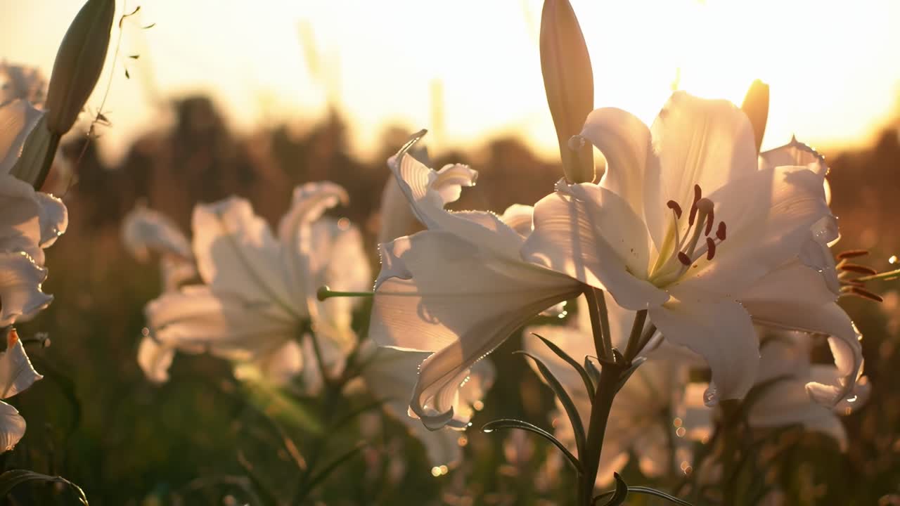 Nærbildevideo av liljer ved solnedgang, som fanger mykt lys og varme toner fra lav vinkel