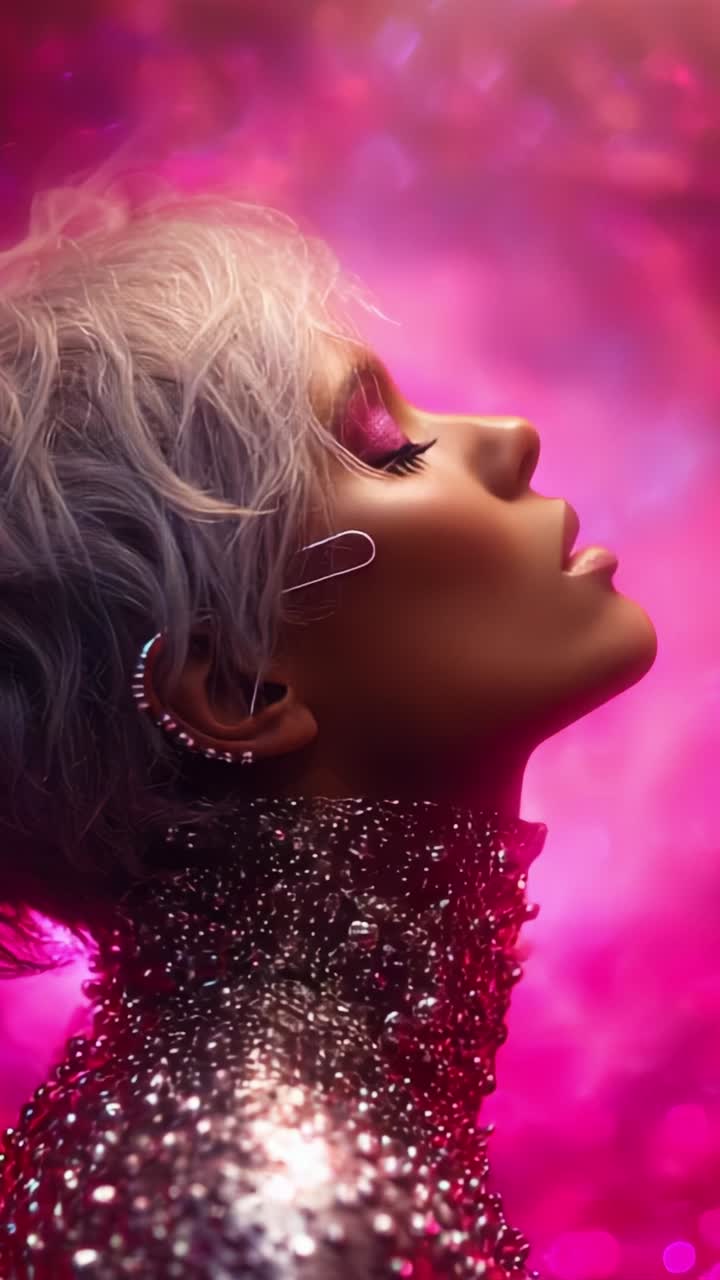 Bellezza accattivante: un ritratto enigmatico di eleganza glamour in un ambiente rosa radioso, che mette in risalto lo stile unico e le caratteristiche straordinarie del soggetto