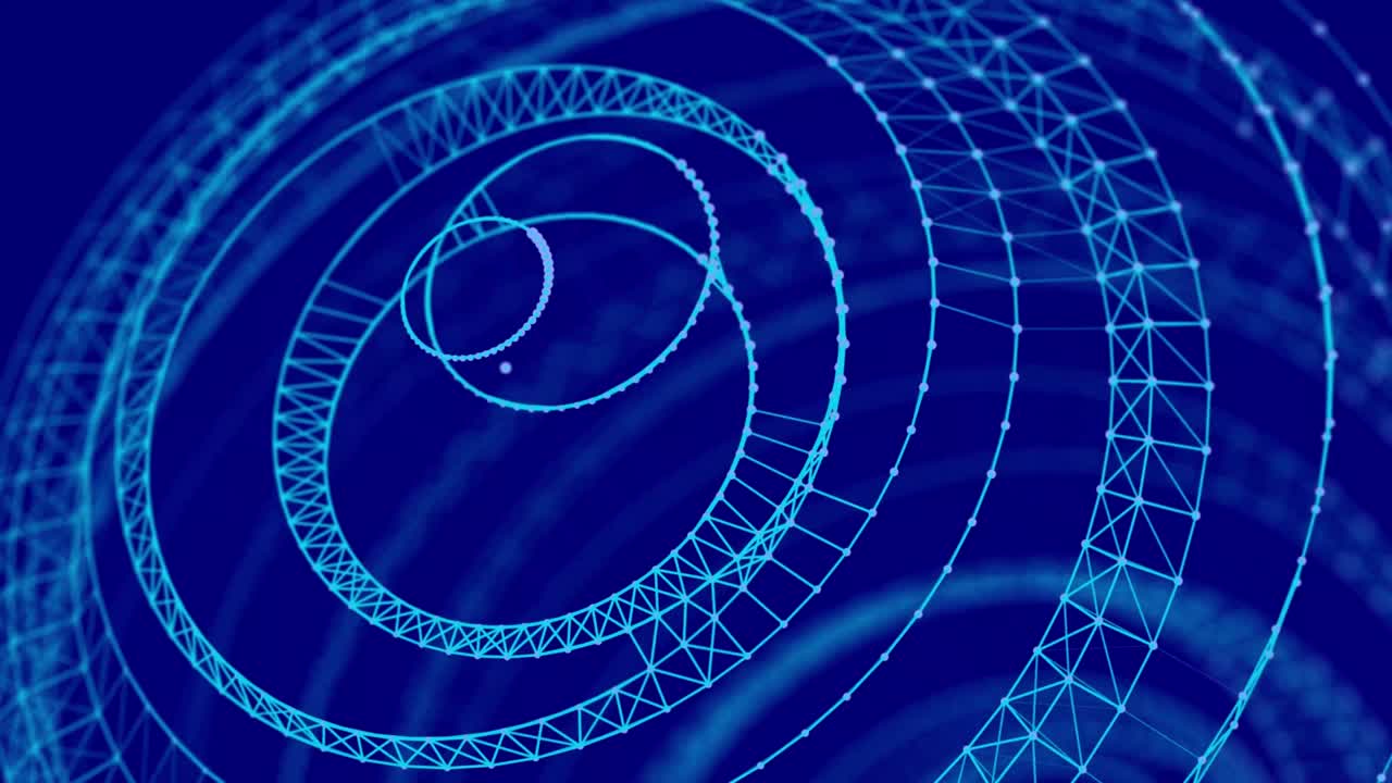 추상적인 디지털 연결: 이동하는 점과 선, 기술 배경, 네트워크 연결 구조, 플렉서스 효과, 나선형 소용돌이, 3d 시엄리스 루프