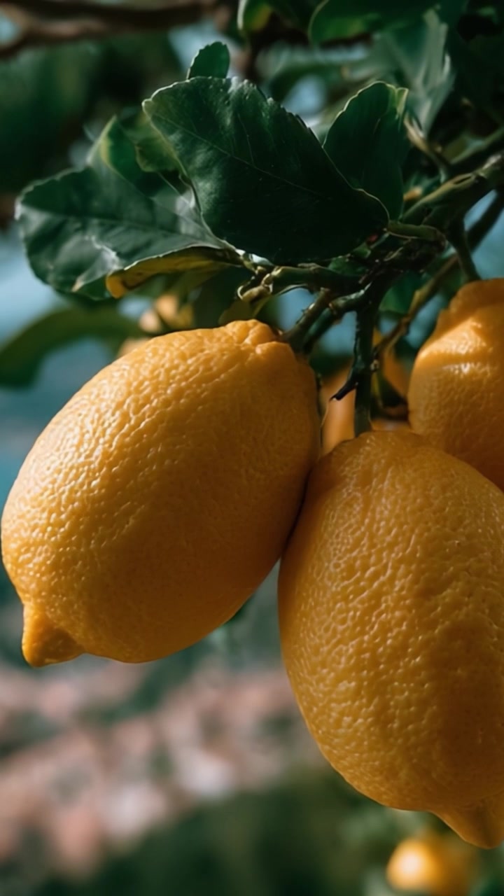 Primo piano vibrante di limoni freschi appesi a un ramo d'albero, circondati da foglie verdi rigogliose, in un contesto paesaggistico sotto la luce naturale