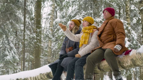 three friends sitting on a tree trunk talking and looking around in a snowy forest