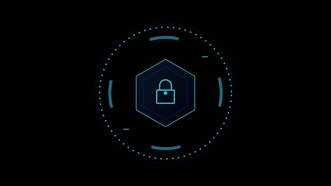Digital Security Lock Icon with Rotating HUD Interface