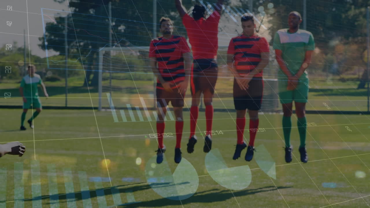 Animation of statistical data processing over rear view of male soccer player taking a freekick