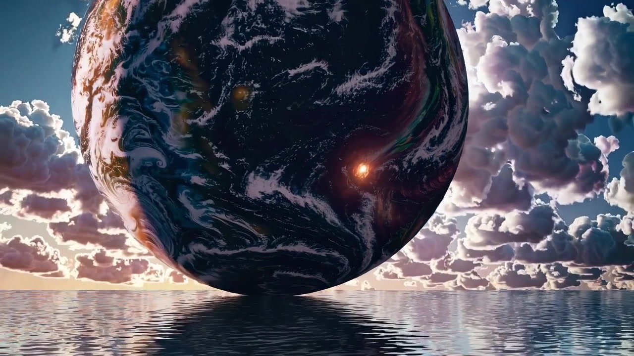 Fantasiplanet som synker ned i vann under en skyet himmel