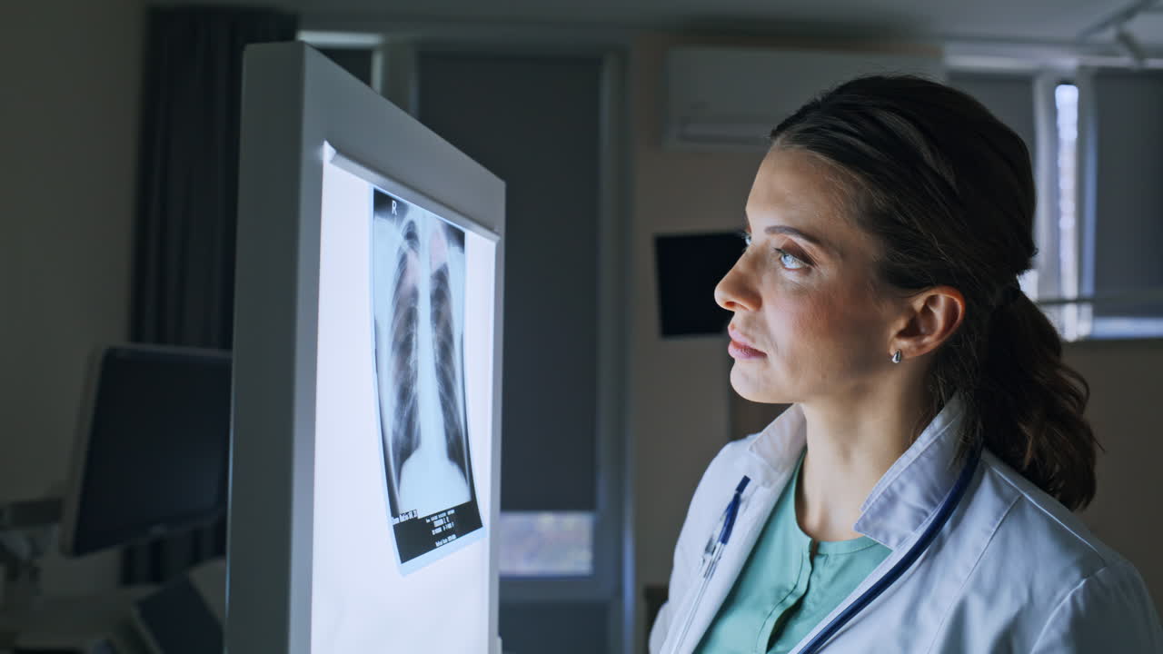 Medical professional examining x-ray clinic closeup. Doctor analyzing images