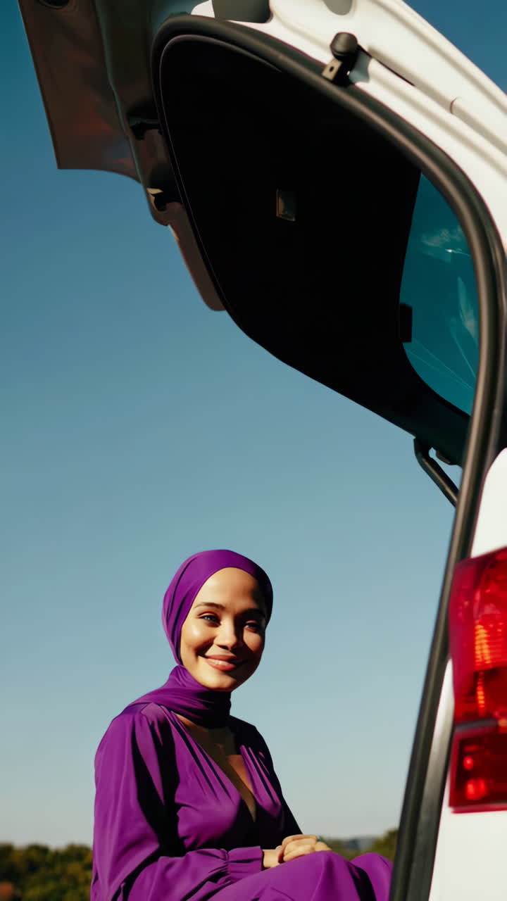 A woman in a purple hijab and dress by a car trunk outdoors