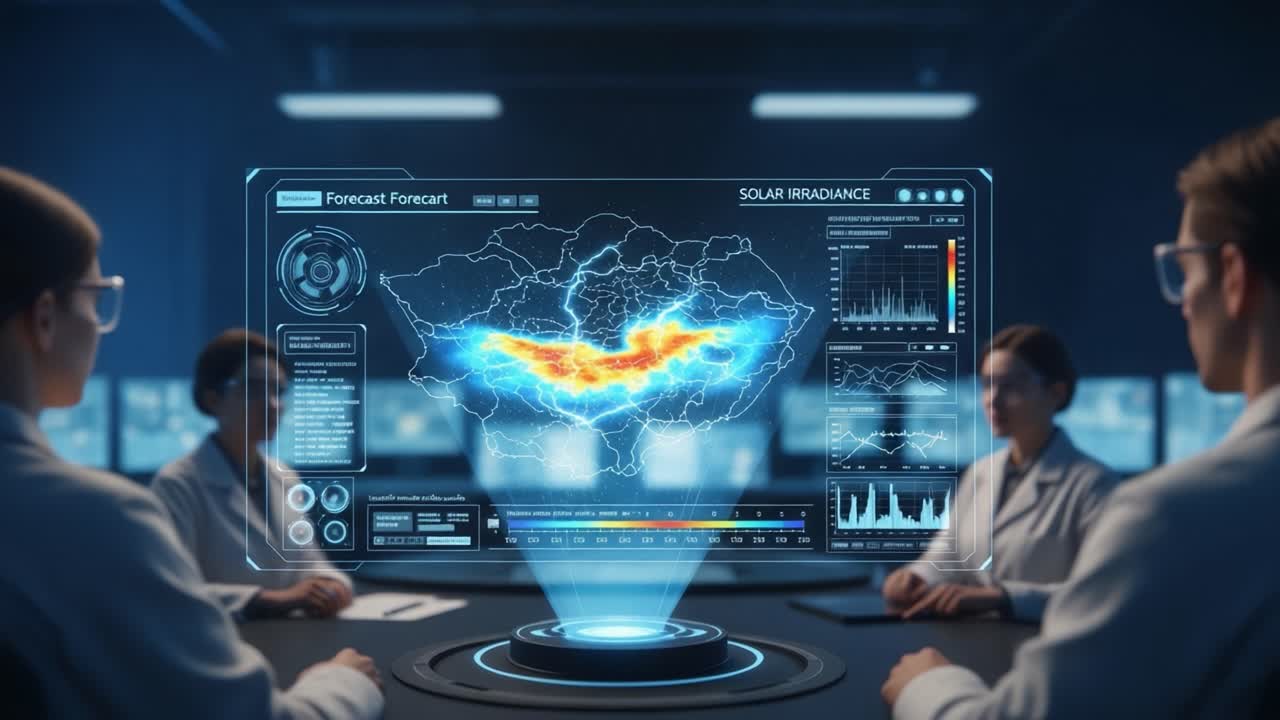 Advanced Data Visualization in a High-Tech Environment: A Team Analyzing Solar Irradiance Forecast on a Holographic Map for Strategic Planning and Decision Making