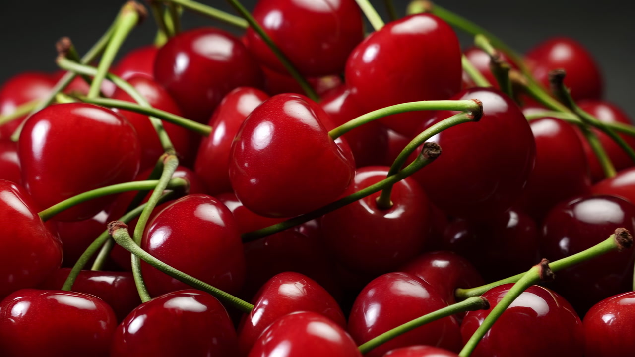 Closeup Ripe Red Cherries Piled On Dark Background, Glossy Skins And Green Stems Catching Light, Saturated
