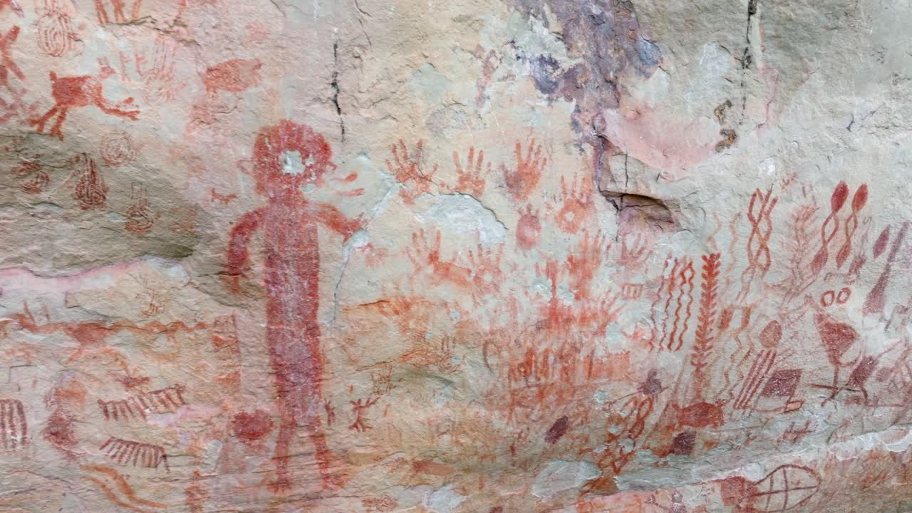 Drone close-up shot of ancient indigenous paintings in San Jose del Guaviare Colombia