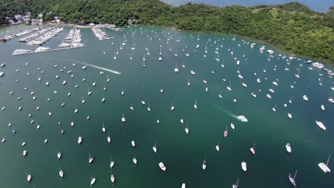 Hong-Kong-marina-and-Typhoon-shelter-small-boats-on-a-clear-Summer-day,-Aerial-view