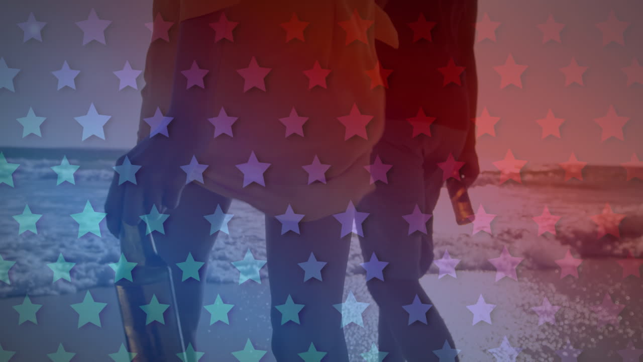 여름 휴가 중 해변에서 두 인종의 부부 위에 흔들리는 미국 발의 애니메이션