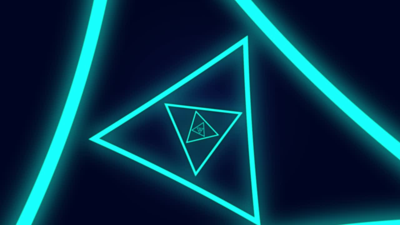 추상적인 모션 그래픽 배경은 미래의 터널 네온 조명에서 삼각형의 애니메이션과 함께 끝없는 루프입니다.