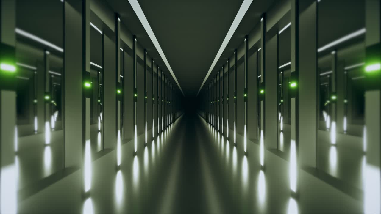 corredor oscuro futurista con luces verdes brillantes