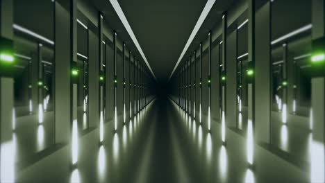 futuristic dark corridor with glowing green lights