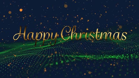 Animation-of-happy-christmas-over-golden-dots-and-green-laser-on-navy-background