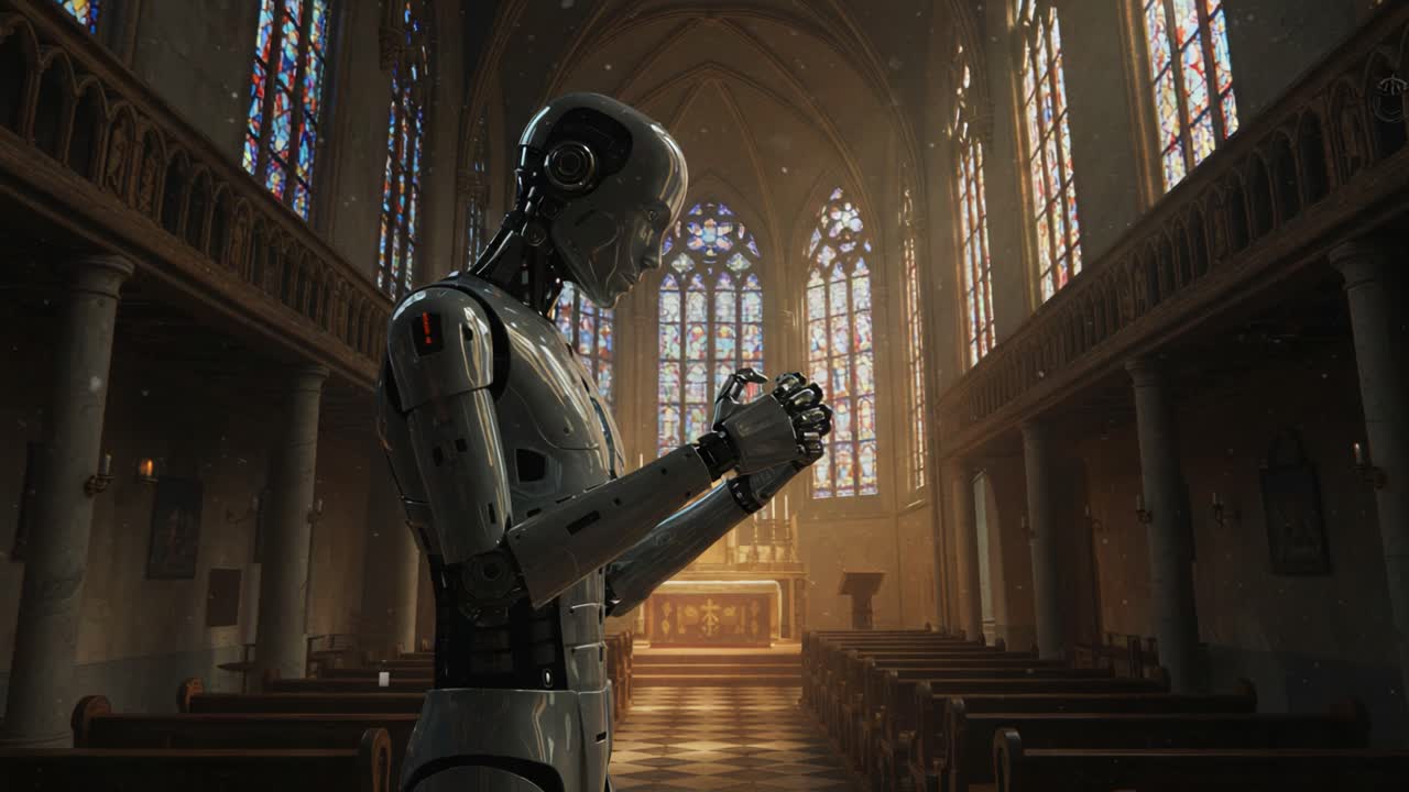 A Robot in Contemplation: Exploring the Intersection of Technology and Spirituality within the Sacred Ambiance of a Cathedrals Interior