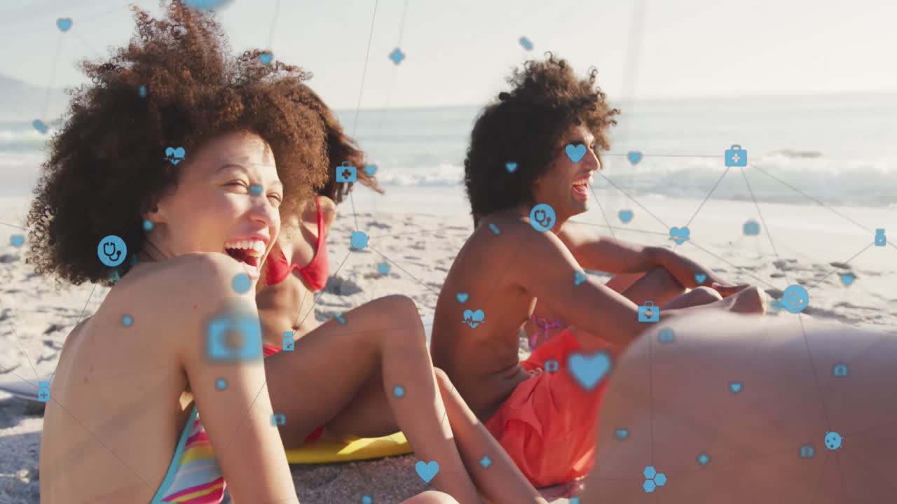 해변에 있는 친구들에 대한 디지털 아이콘 네트워크의 애니메이션