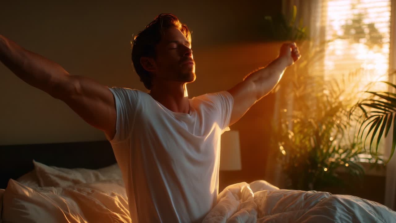 Morning Serenity: A Man Awakens to the Gentle Glow of Sunrise, Embracing the New Day with Open Arms and Inner Peace, Surrounded by the Warmth of Natural Light and Comfortable Bedding