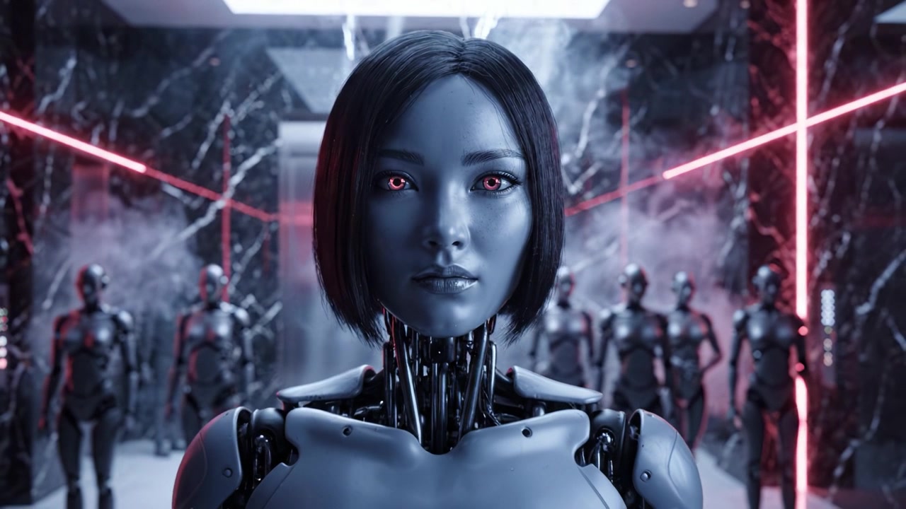 Futuristic humanoid robot in a dark, high-tech environment, surrounded by other robotic figures, evoking themes of artificial intelligence and advanced technology.