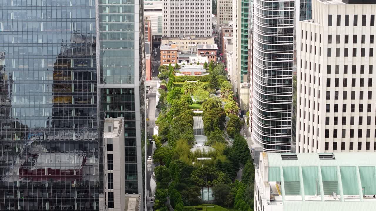 Aerial View of Salesforce Park Between Downtown San Francisco USA Skyscrapers and Office Towers