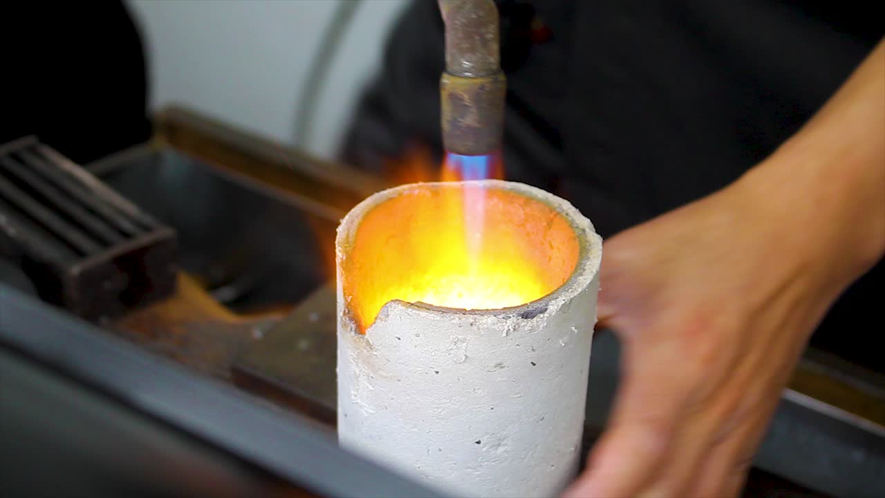 Melting metal, craft jewelry manufacturing, professional handmade fluid metal transforming process