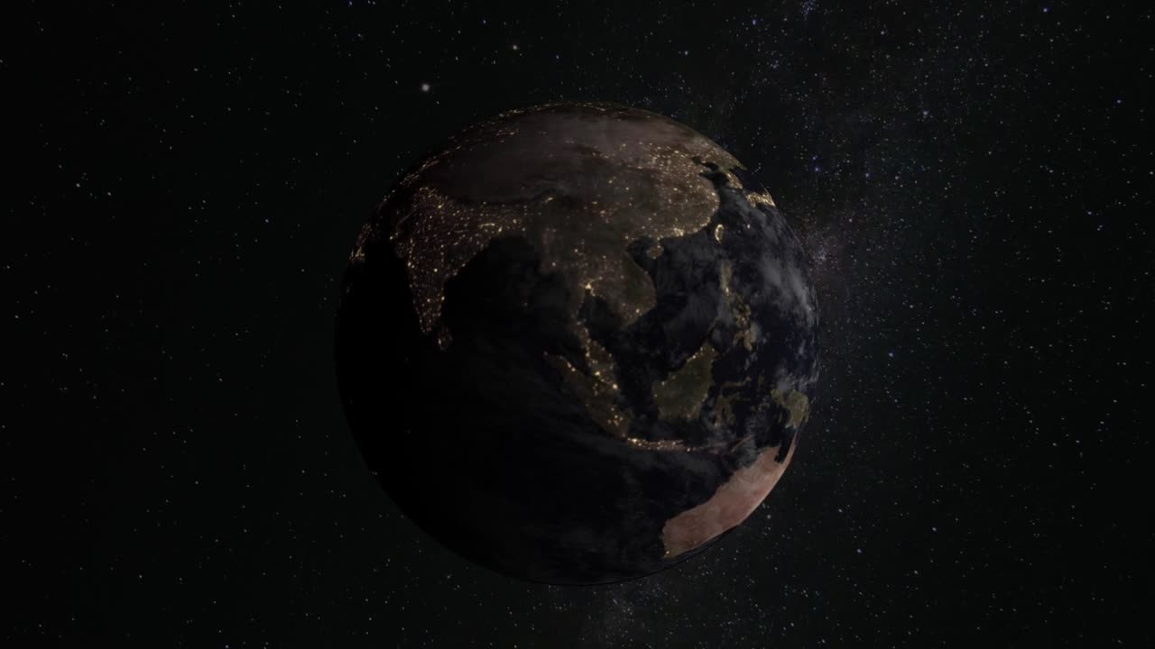 惑星、地球、世界、地球儀、スペース、天の川、回転星、宇宙、科学、地理、太陽光、街の明かり、タイムラプス