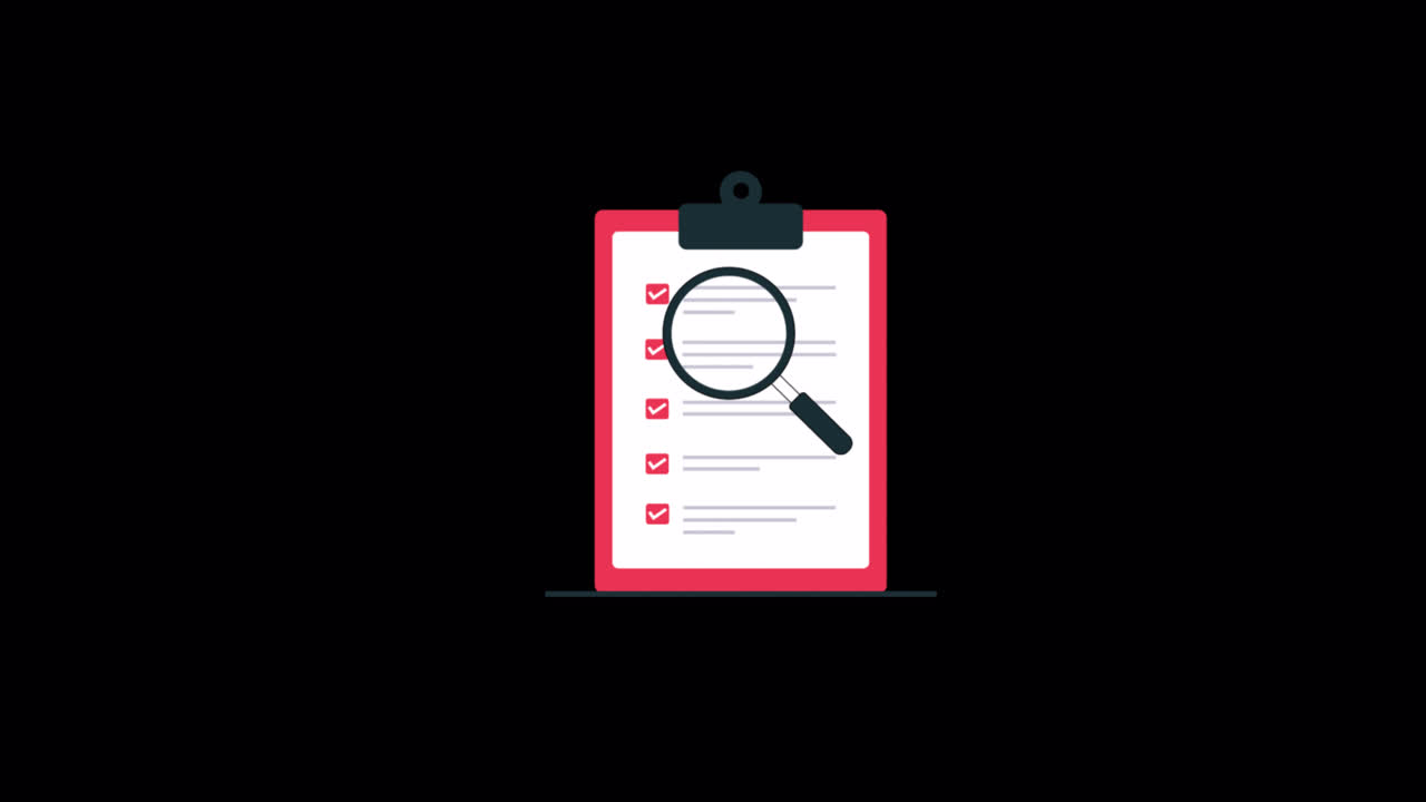 Animazione di lente d'ingrandimento che revisiona una checklist su blocco note