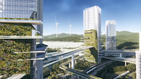 futuristic eco-city with green buildings and advanced transportation