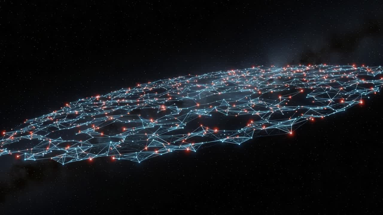 An Intricate Network of Lights and Nodes Shimmering in the Cosmic Dark, Illustrating a Futuristic Digital Structure Suspended in the Vastness of Space