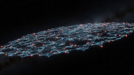 an intricate network of lights and nodes shimmering in the cosmic dark, illustrating a futuristic digital structure suspended in the vastness of space
