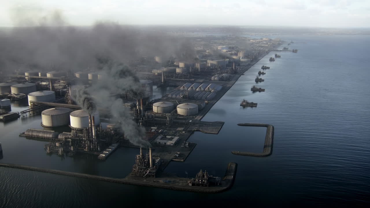 Coastal Refinery Sending Thick Black Smoke, Storage Tanks Lined Along Pier, Tanker Moored At Terminal,