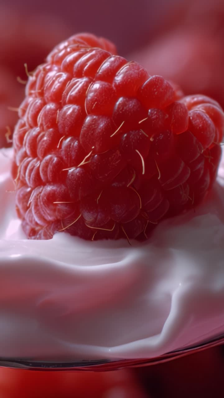 Close-Up of a Juicy Raspberry Topped on a Creamy White Yogurt, Highlighting the Freshness and Texture of Delicious Desserts