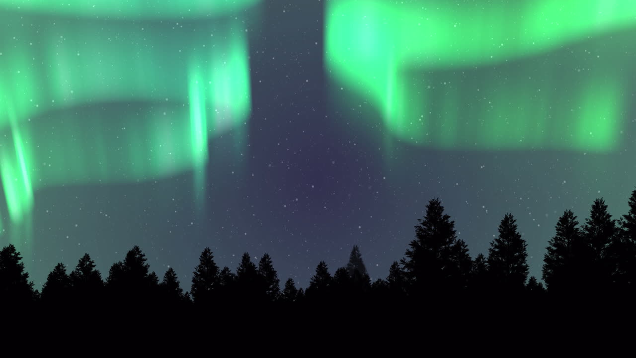 animación de la aurora boreal brillando sobre los abetos cubiertos de nieve en invierno