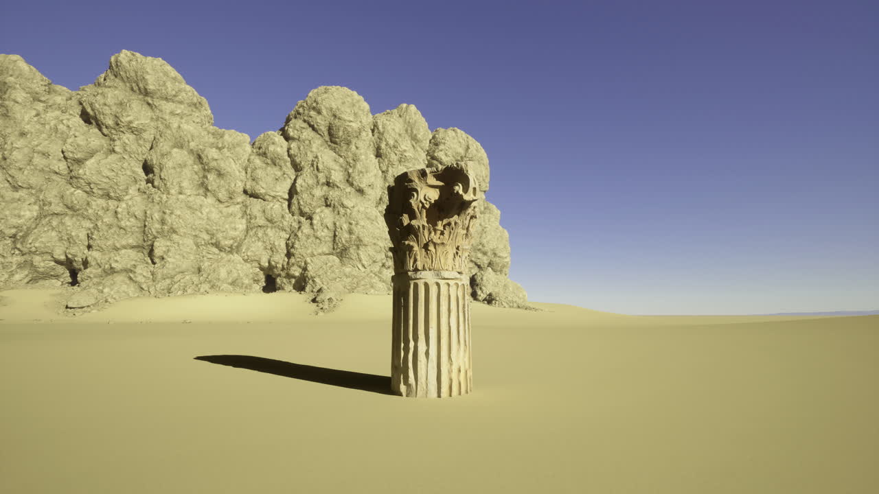 Ancient column stands alone in a vast desert landscape under clear sky